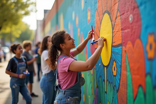 group of young people painting a wall mural outdoors