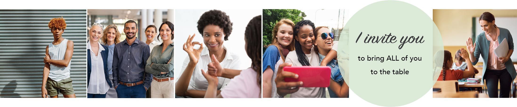 I invite you to bring ALL of you to the table - photo strip of diverse individuals and groups who participate in counseling