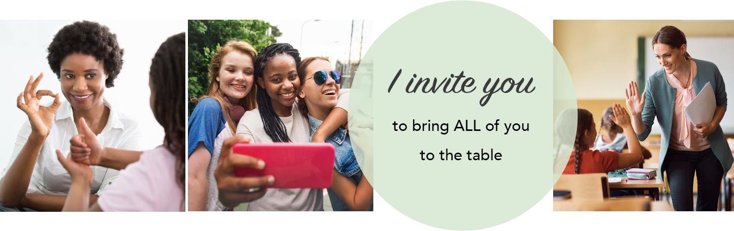 I invite you to bring ALL of you to the table - photo strip of diverse individuals and groups who participate in counseling